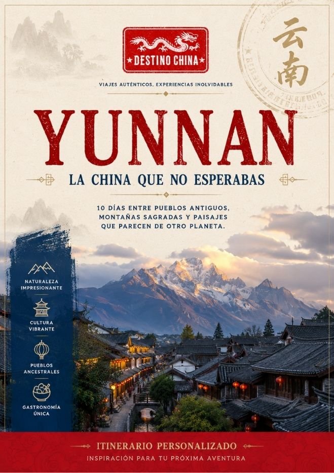 Cartel promocional de la agencia Destino China sobre el itinerario personalizado a Yunnan, "La China que no esperabas". Muestra un pueblo tradicional con faroles iluminados ante una montaña nevada, detallando un viaje de 10 días por pueblos antiguos, paisajes y gastronomía.